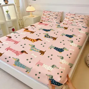 Cute Cartoon Weiner Dog Print Fitted Sheet Set, Soft Breathable Fabric, Non-Slip Deep Pockets, Pet Theme Bedroom Decor