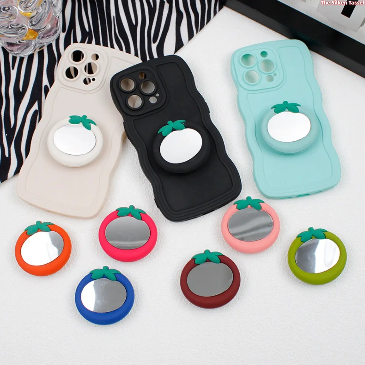 TPU Persimmon Retractable Silicone Pop Socket with Compact Mini Makeup Mirror - Mobile Lazy Stand, Collapsible Grip Holder, Portable Sports Outdoor Accessory for All Smartphones