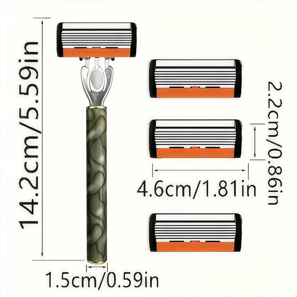 [2 Handles, 72 Blades] Manual Razor Set｜6-Layer Blades｜Dark Green Marble Pattern with Orange Style Handle｜Smooth Shave Without Irritation｜A Must-Have Stylish Razor for Men｜Manual Shaving Kit