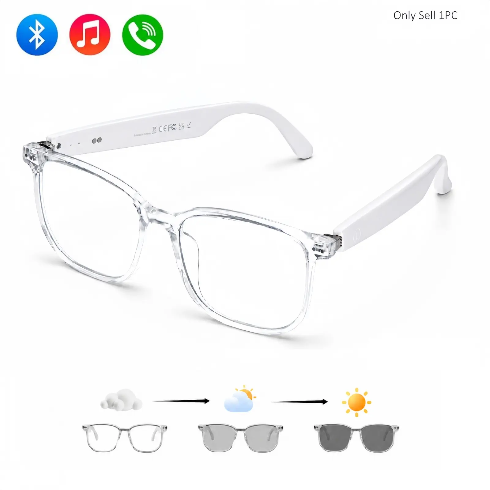 Photochromic Smart Glasses, Open-Ear Bluetooth Audio Sunglasses with Speakers, Calls, Music, Voice Assistant and Touch Control