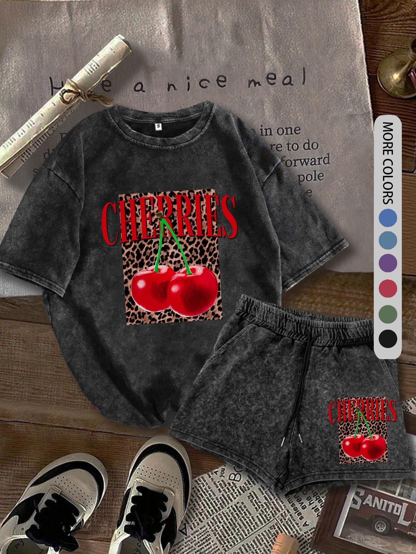 Two-Piece Set Women's Cherry Print Tee & Leopard Print Shorts, Casual Short Sleeve T-shirt & Shorts, Ladies Summer Clothes for Daily Wear, Suits, Casual Lounge Set