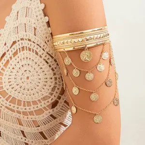 Punk Multilayer Tassel Coin Pendant Upper Arm Bracelet for Women Goth Open Cuff Bangles Couple Hand Jewelry Gift New