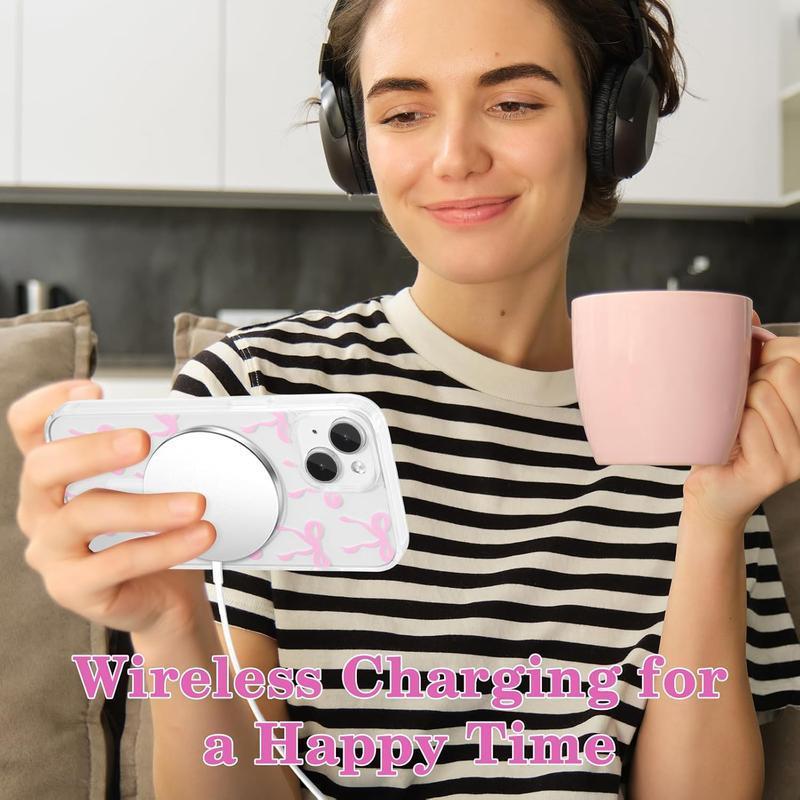 Magnetic for iPhone 17 16 15 14 13 12 11 Case, Bow Case Compatible with MagSafe, Wireless Slim Clear Ribbon Phone Cover Anti-Yellowing Shockproof Protective Cover for Women Girl - Pink.QXG339