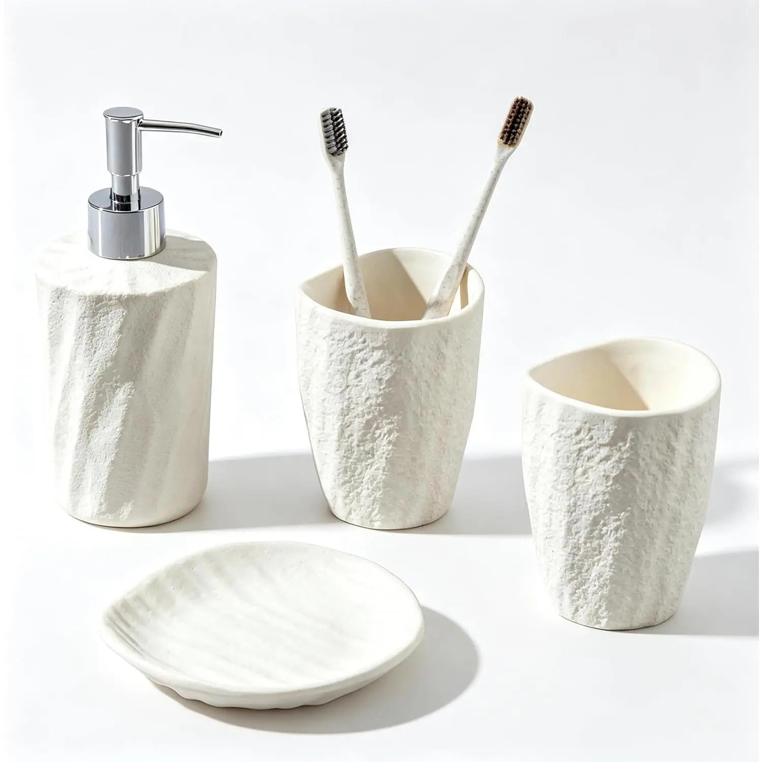 Bathroom Accessories Set, 4 count Modern Stone Texture, White | Minimalist, , with Liquid Soap Dispenser 11.5 OZ, Tumblers,  Holder, Bar Soap Tray, For Countertop Sink