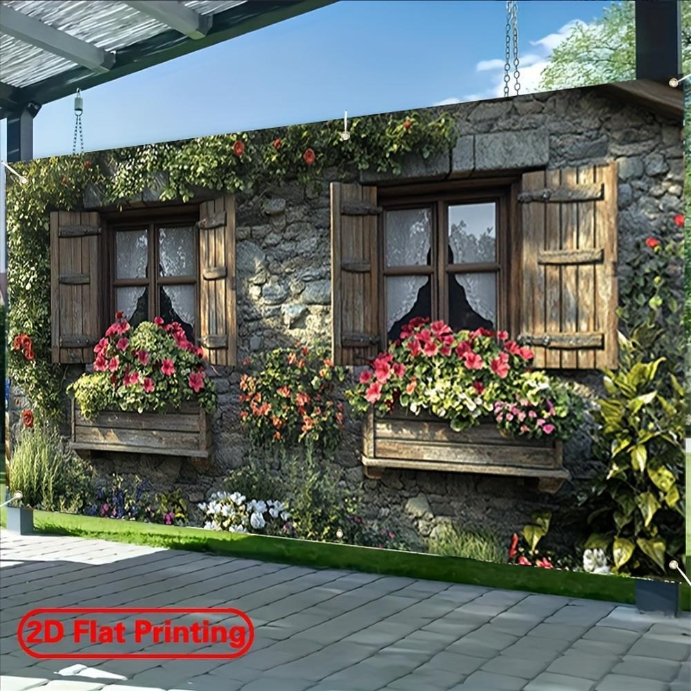 2D Flat - 2D Door Banner 1pc 2D Flat Large Polyester Garage Door Banner | Stone Wall and Colorful Floral Theme Design, Suitable for Festival, Courtyard, Studio, Home and Garden Celebrations, M