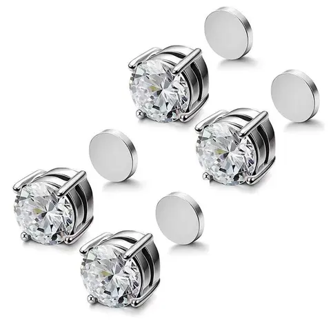 Hypoallergenic Stainless Steel Magnetic Fake Piercing Earrings Jewellery - 6-8mm Simple Studs, Set of 2, Non-Piercing Round AAA+ CZ Indoor Recreation Accessory, Men's Jewelry, Thoughtful Birthday Gift for Loved Ones