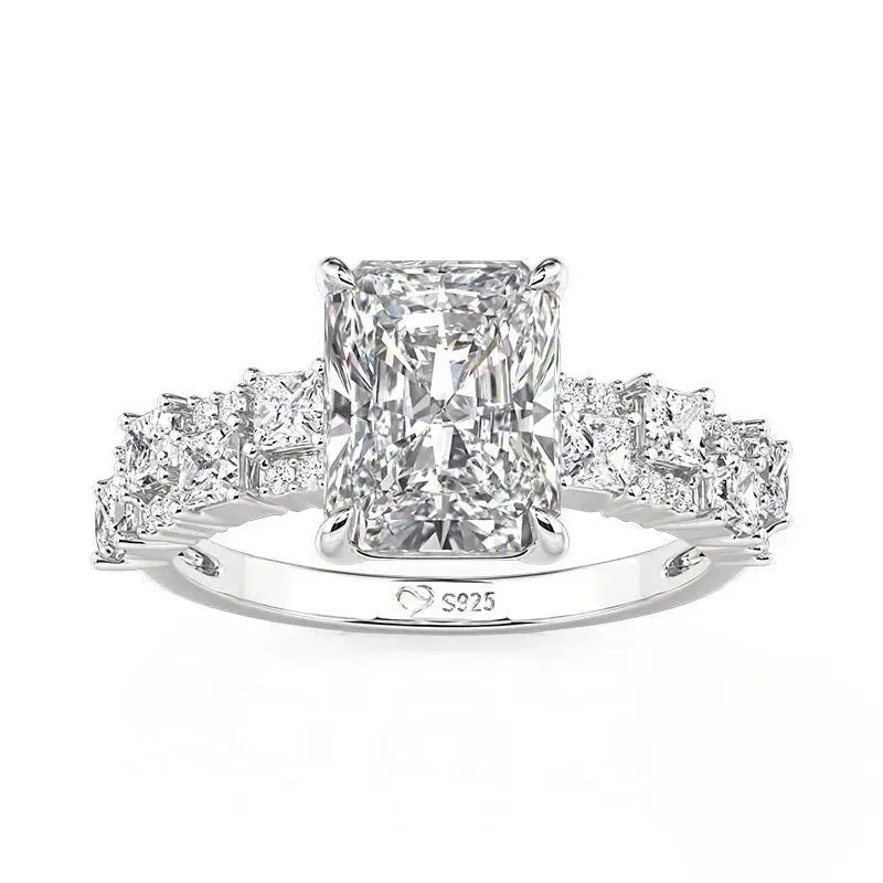 Women's S925 Silver Full Moissanite Engagement Ring with Tapered Baguette Cut Metal Accents, Cute Modern Female Wedding Ring