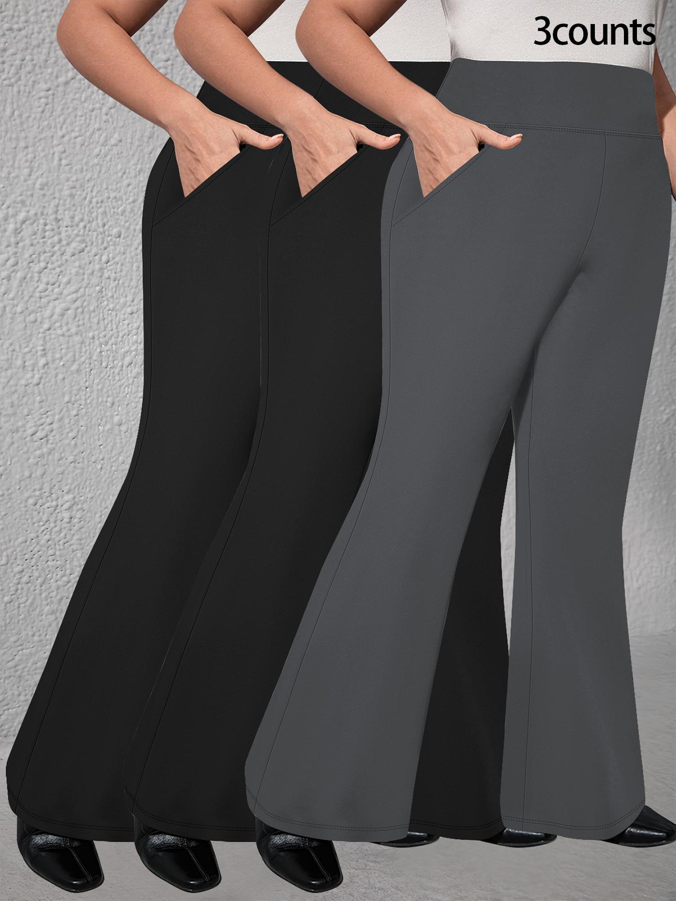 【 Plus Size】 Solid High Waist Flare Leg Pants, Casual Fashion Pants, Casual Comfy Pocket Design Bell Bottom Pants for Daily Wear, Women's Bottoms for All Seasons