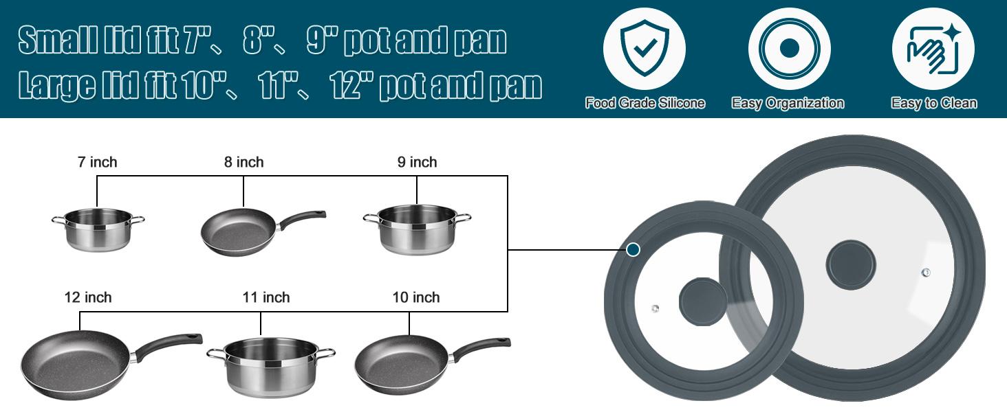 Universal Lid for Pots Pans and Skillets, 2 Pack Pan Cover fit 7", 8" 9" & 10", 11", 12" Diameter Cookware, Silicone Replacement Pan Lid Pot Lids for Frying Pans, Cast Iron,Tempered Glass Lid (Gray)