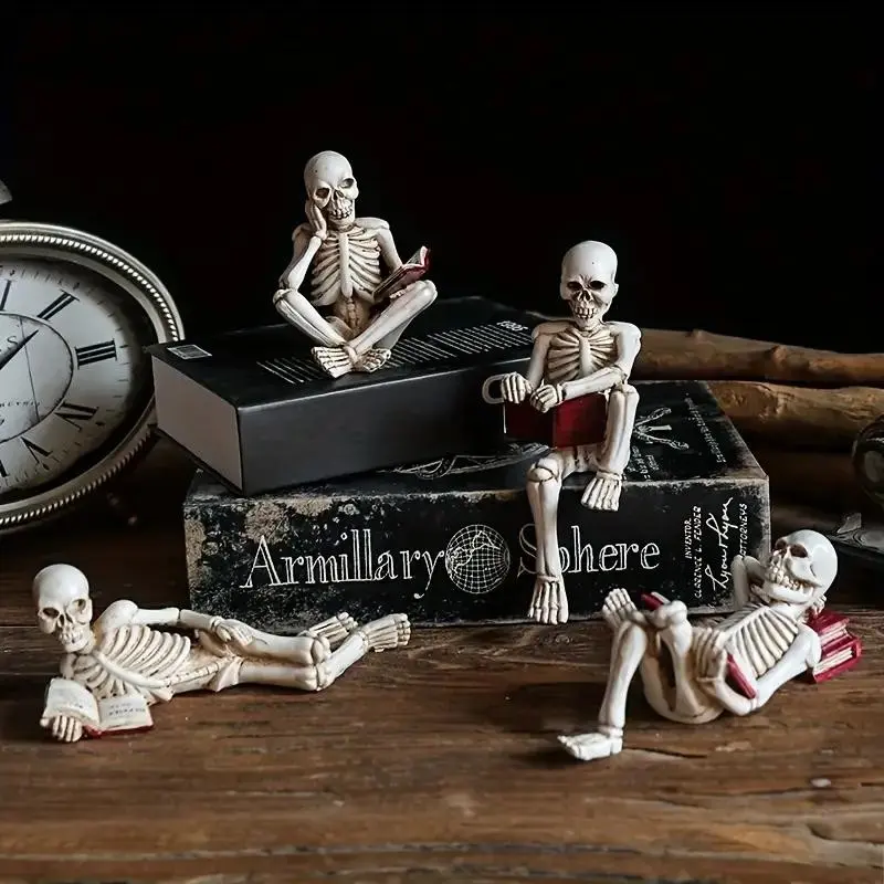 Halloween Skeleton Reading Figure Resin Ornament, Creative Home Decor for Bookshelves & Party Displays, Unique Halloween Decoration Accessory