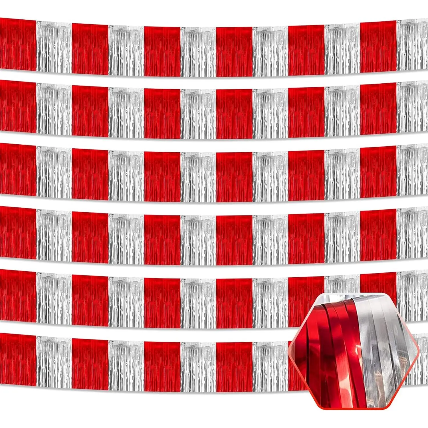 Shiny 6-Pack 10in Self-Adhesive Red Foil Fringe Garland Metallic Tinsel Streamers Banner Wall Curtain Backdrop for Birthday, Wedding, Parade Float Decorations