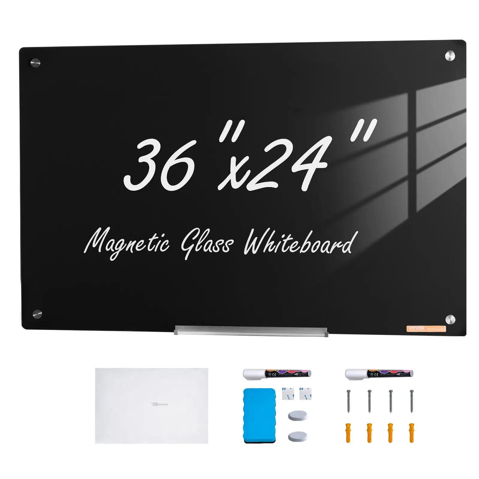 VEVOR Magnetic Glass Whiteboard, Dry Erase Board 36" x 24", Wall-Mounted Large White Glassboard Frameless, with Marker Tray, an Eraser and 2 Markers, Black