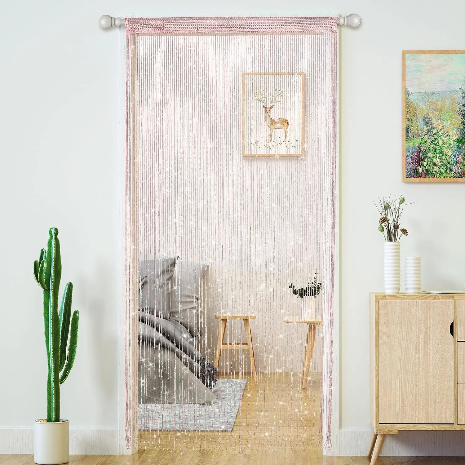 String Curtains for Doorways Glitter Beaded Curtains Door Sparkle Beads Curtain Open Closet Laundry Hanging Hippie Glisten Beads Window Girls Panel (Light Pink, 39"*79" in)