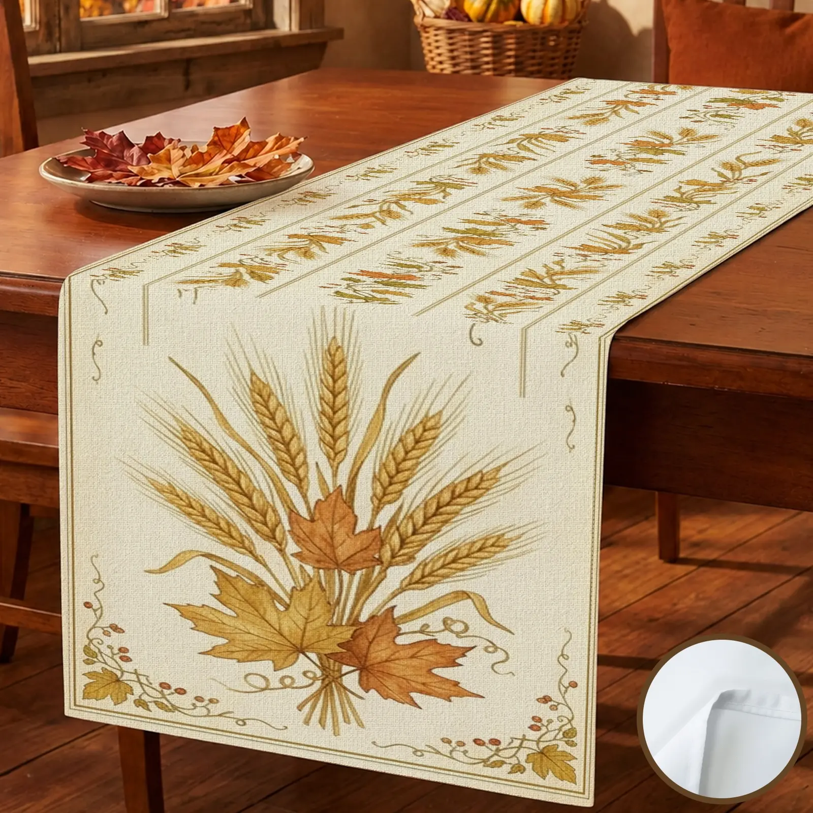 1pc Wheat Leaf Floral Table Runner, Rustic Farmhouse Style, Printed Pattern Decorative Border, for Dining Table Kitchen Decor Home Decor Fall Decor