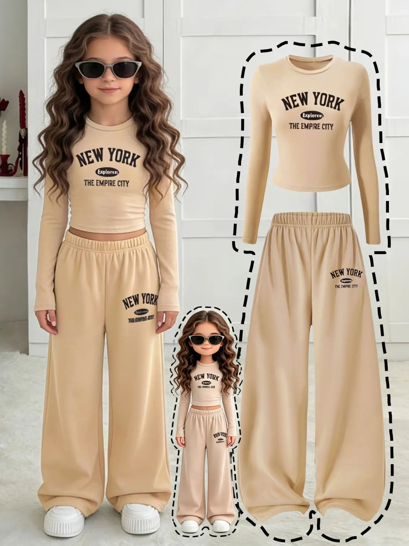 Girls' Letter Print Two-Piece Set, Slim Fit Short Sleeve Top + High Waist Wide Leg Pants, Spring & Fall Casual, 8-12 Years Old