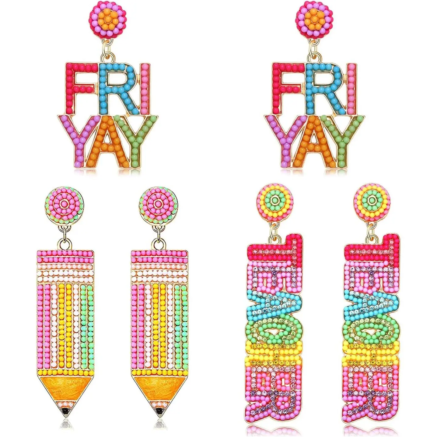 Pencil Earrings Teacher Earrings for Women Rhinestone Beaded Dangle Drop Earrings Colorful Teacher Appreciation Gift Back To School Jewelry Set