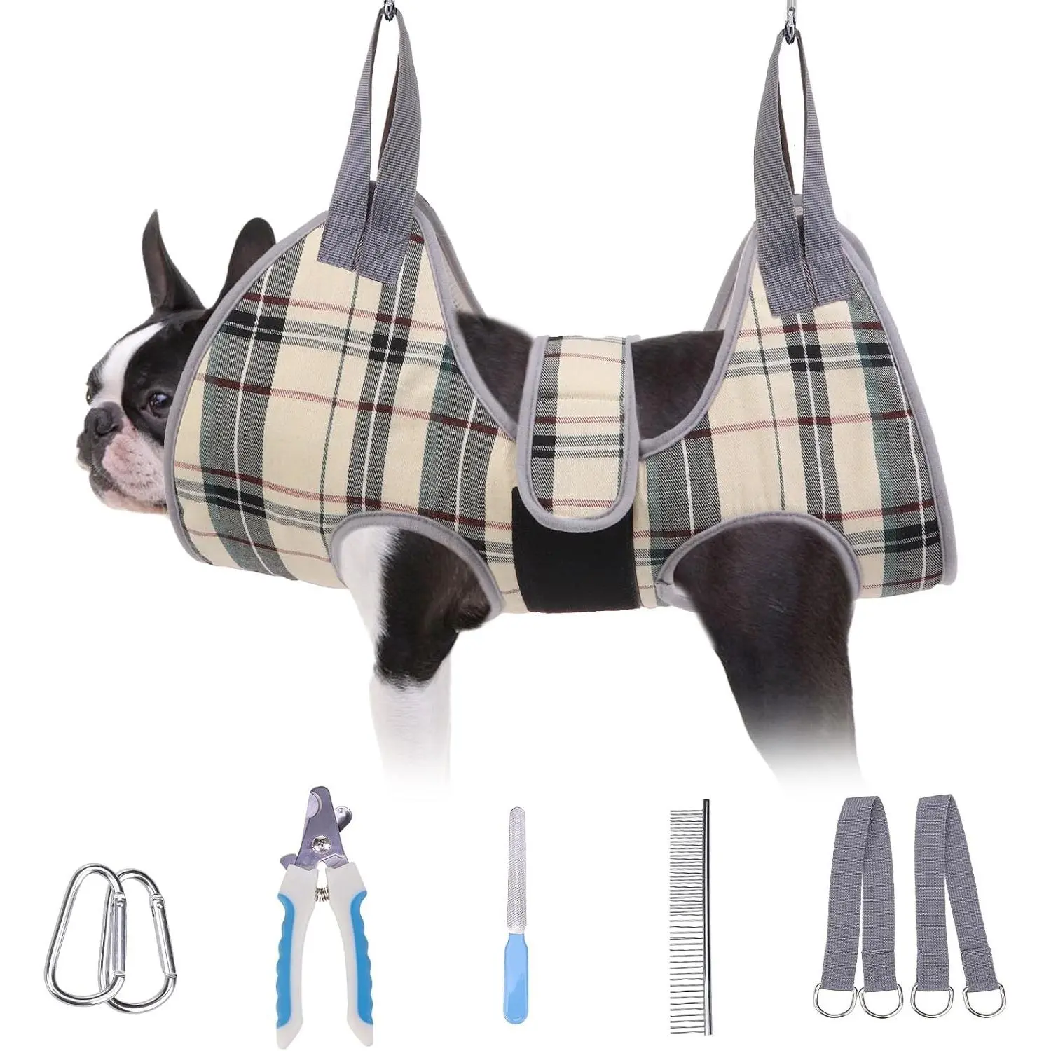 Dog Grooming Hammock for Small Dogs Cat- Dog Sling for Nail Trimming/Clipping- Dog Hanging Harness Holder with Thick Fabric Neck Support & Strap Restraint Claw Care, Beige S