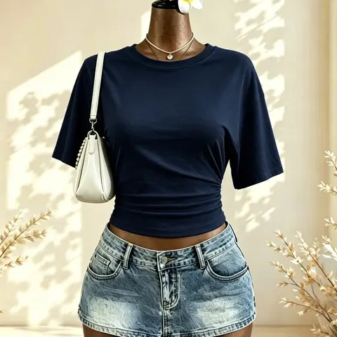Women's Pleated Waist Cinch Short T-Shirt, Y2K Trendy Elastic T-Shirt, Summer Casual Basic Top, Womenswear, Slim-Fitting, Perfect for Daily Wear