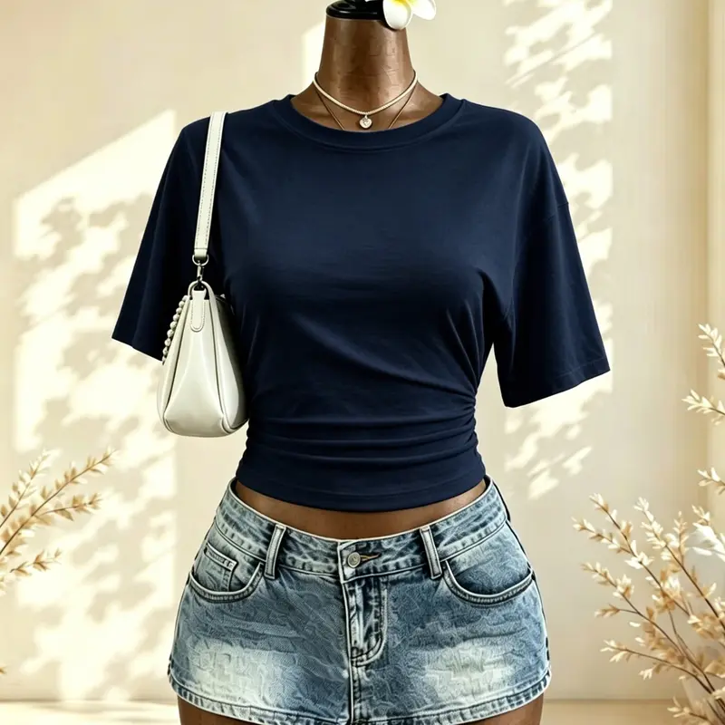 Women's Pleated Waist Cinch Short T-Shirt, Y2K Trendy Elastic T-Shirt, Summer Casual Basic Top, Womenswear, Slim-Fitting, Perfect for Daily Wear