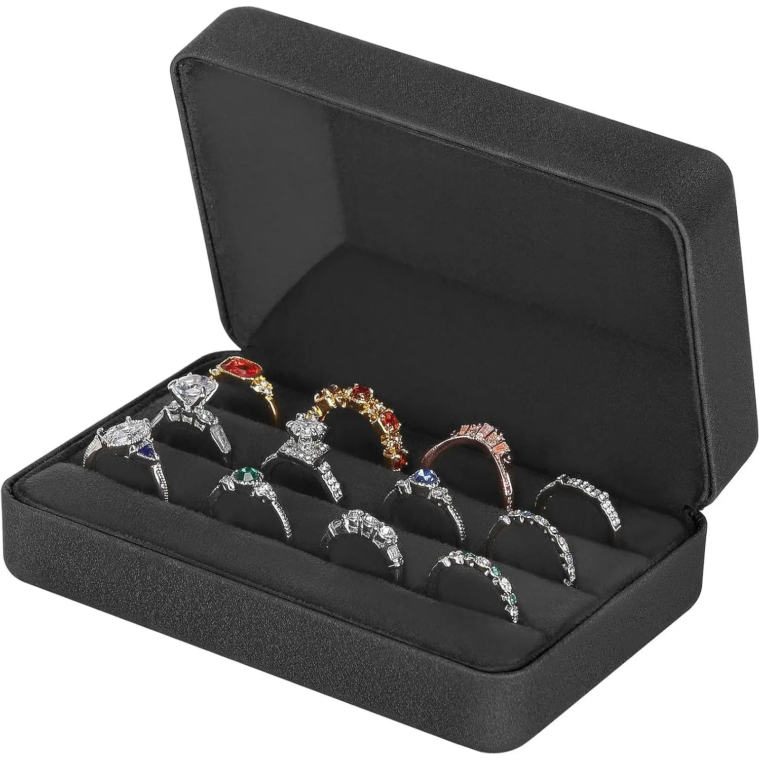 Velet Ring Storage Box, Travel  Case with 3 Slot Ring Display Organizer (Black)