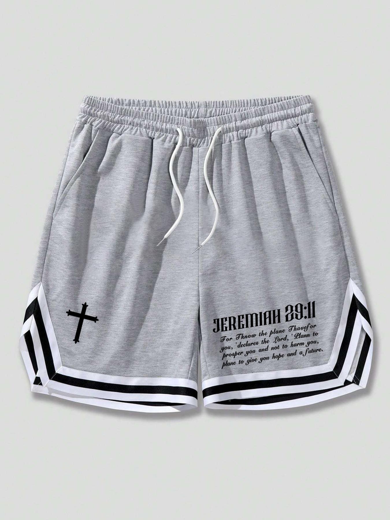 Men's Cross & Letter Print Drawstring Baggy Shorts, Loose Casual Streetwear Striped Trim Elastic Waist Pocket Track Shorts Polyester for Summer, Fashion Men's Baggy Bottoms for Daily Wear