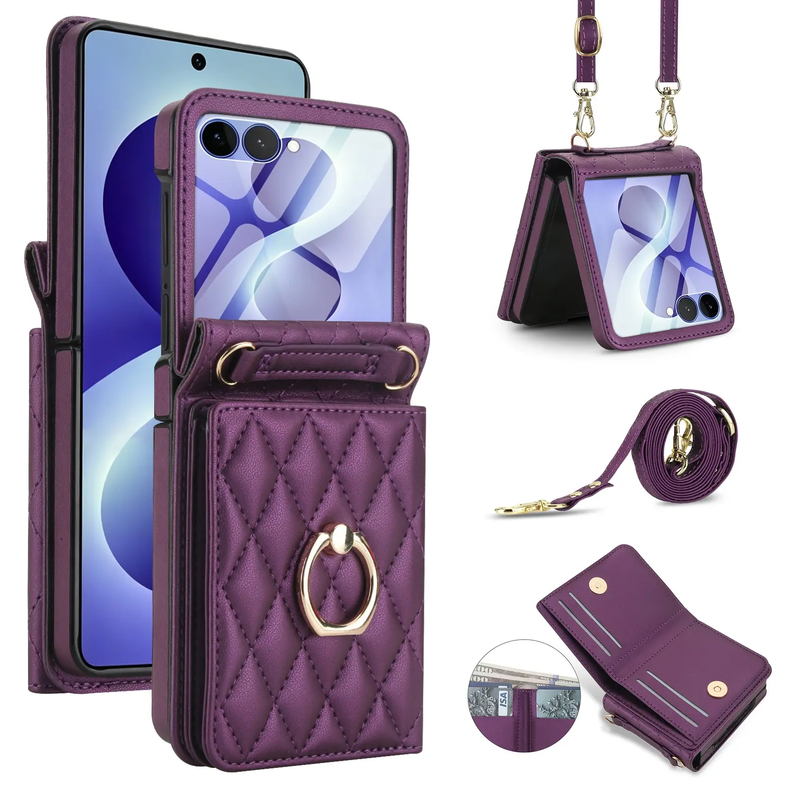 Quilted PU leather Case for Motorola Razr 2026/2025/2024 Razr Plus Case with Camera Screen Protector 360° Ring Stand 4 Slots Card Holder Cash Pocket Crossbody Wallet Case For Moto Razr 60 50 40 Ultra with Adjustable Strap Soft Phone Cover for Women Girls