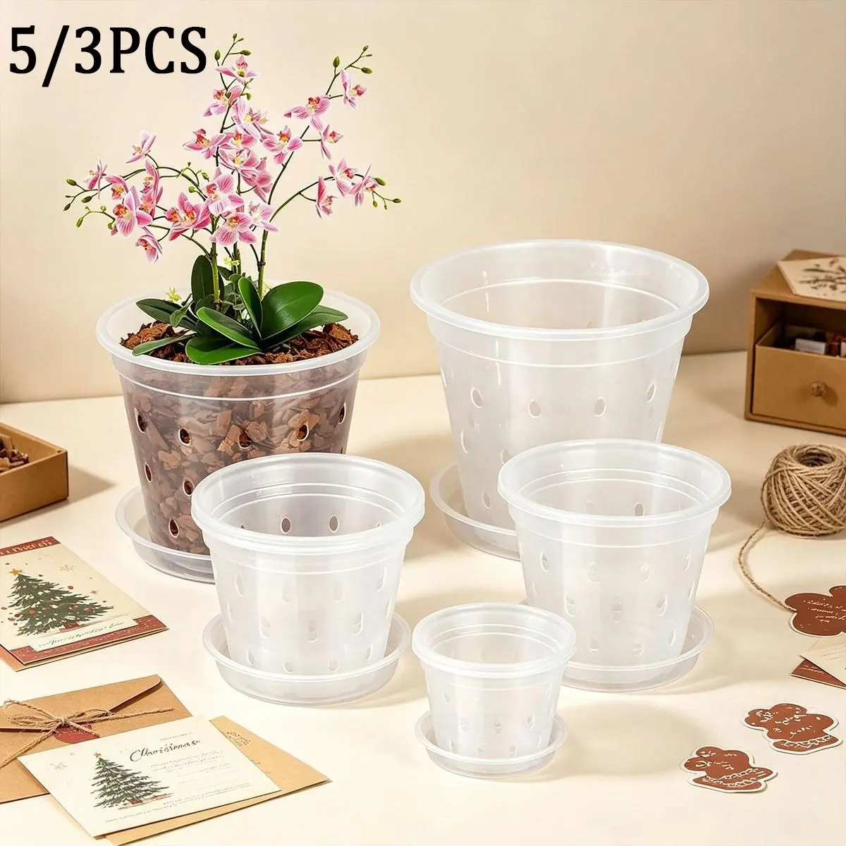 Transparent Orchid Pots with Base, Multi-Size Plastic Flower Pots, Modern Planters for Indoor Outdoor Decor, Drainage Holes Included, Nursery Pots
