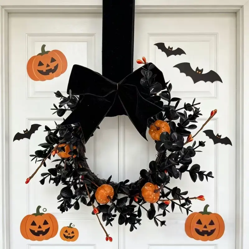 Autumn Harvest Wreath Black Foliage Mini Pumpkin Red Berries Velvet Bow Indoor Outdoor Wall Hanging Decoration
