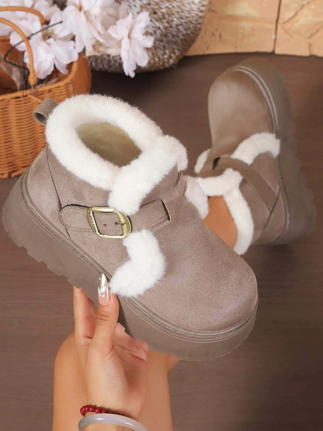 Women's Metal Buckle Plaid Fuzzy Trim Ankle Boots, Full Fleece Lining Round Toe Low Top Winter Casual Snow Boots, Trendy Daily Wear Shoes