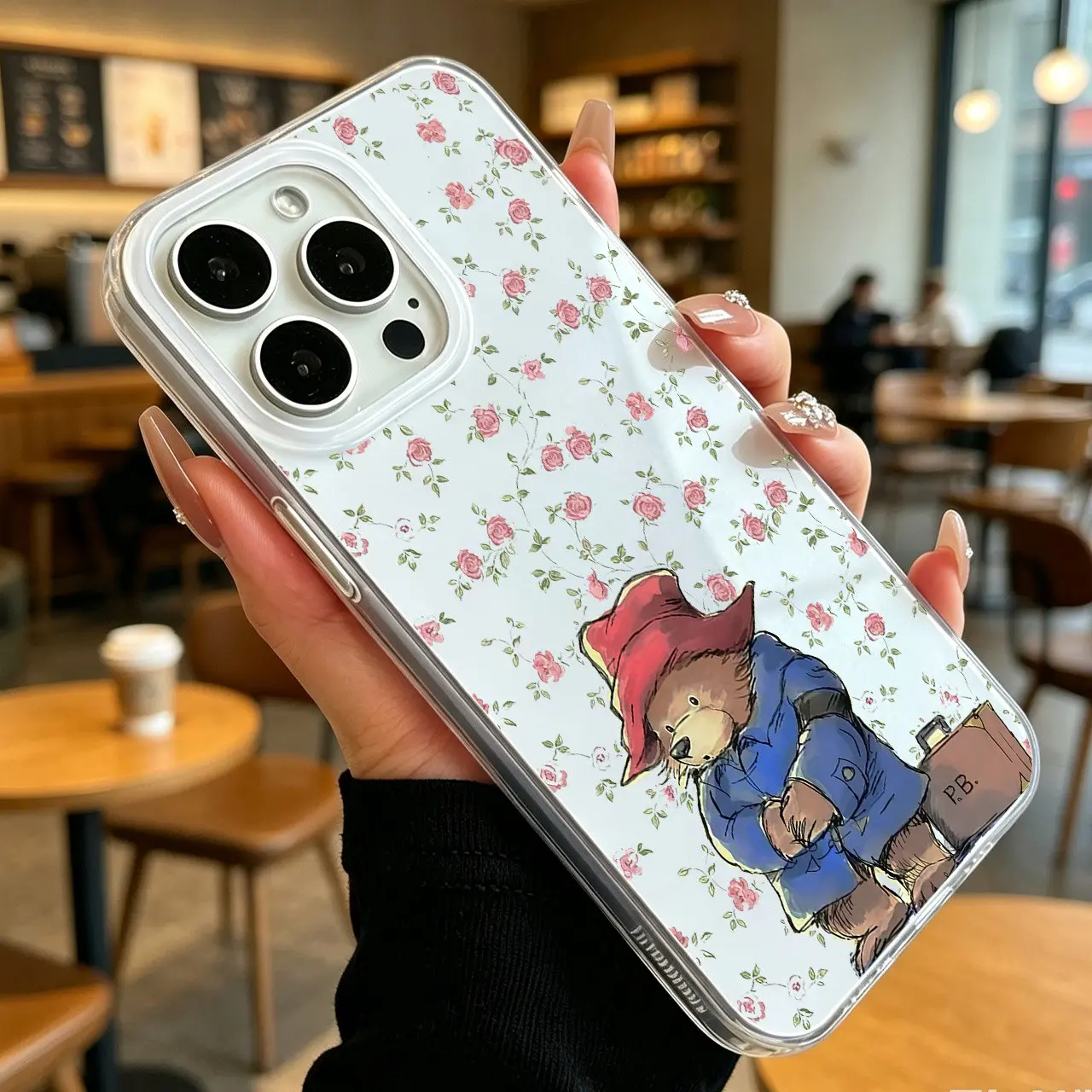 Paddington Bear Floral Design Phone Case, Soft Transparent Tpu Silicone Cover, Shockproof for iPhone 17 Plus/air, 15 Plus, 16 Pro, 15 Pro, 14 Pro Max, 13 Pro Max/12/11