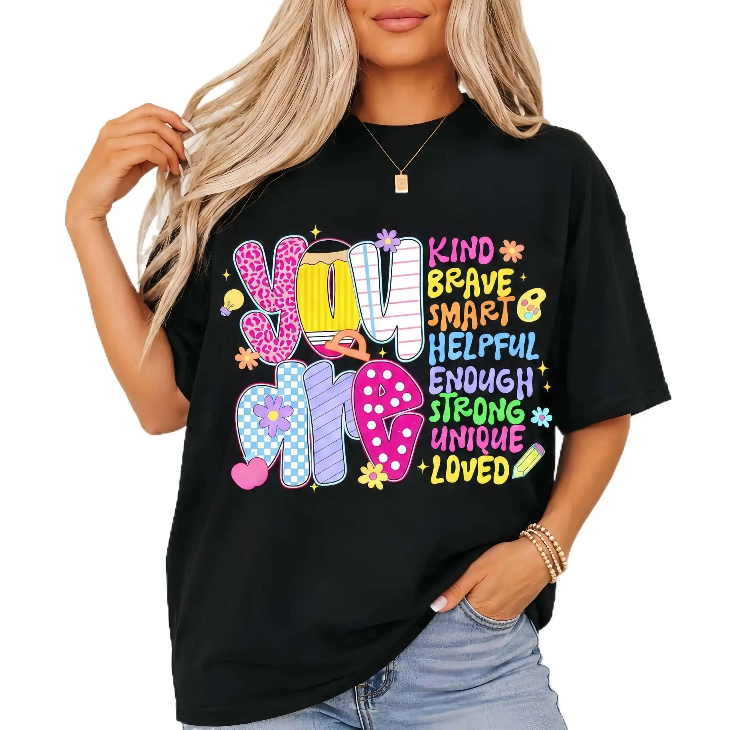 Women's Casual Fit Breathable Cotton Round Neck Short Sleeve Motivational Floral Graphic Tee - "You Are Kind Brave Smart Helpful Enough Strong Unique Loved", Teacher Appreciation Gift, 1-5 Days Delivery, Everyday Wear, Sports Top, Gifts For Women, Essenti