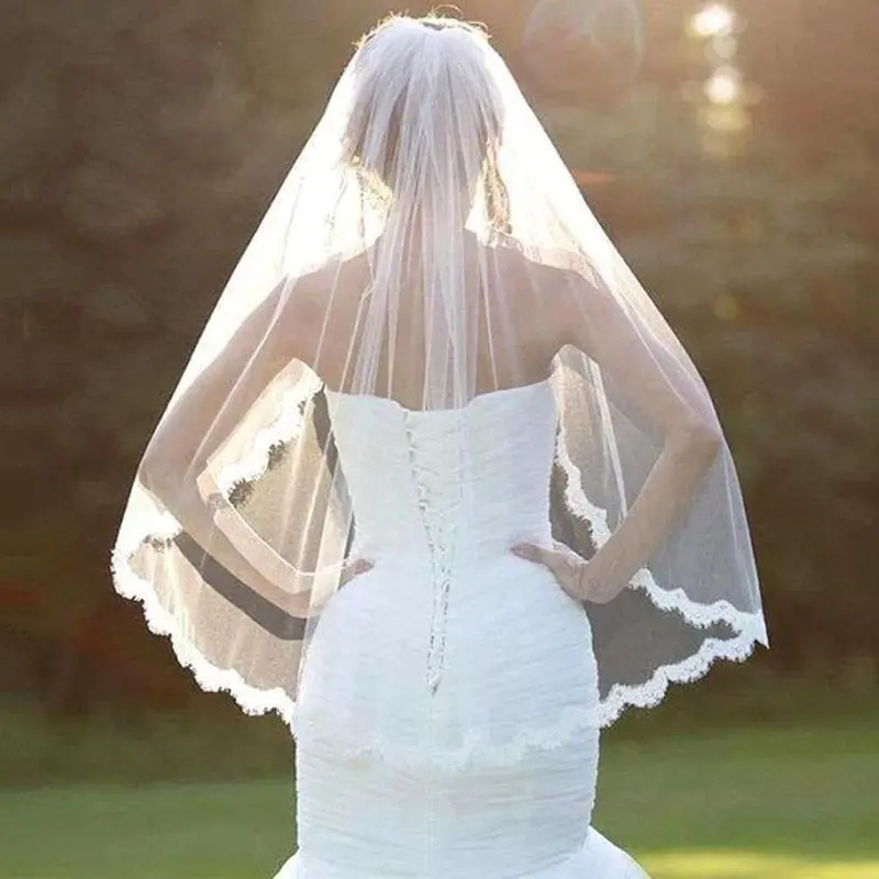 Wedding Bridal Veils Small Eyelash Lace Flower Edge Tulle Elbow Fingertip Length Veil Bride Hair Accessories Comb
