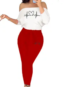 I8036-A92 New European Style Colorblock One-Shoulder Tie Print Mid-Length Sleeve Pants Set, Casual Fitted Tee for All Seasons