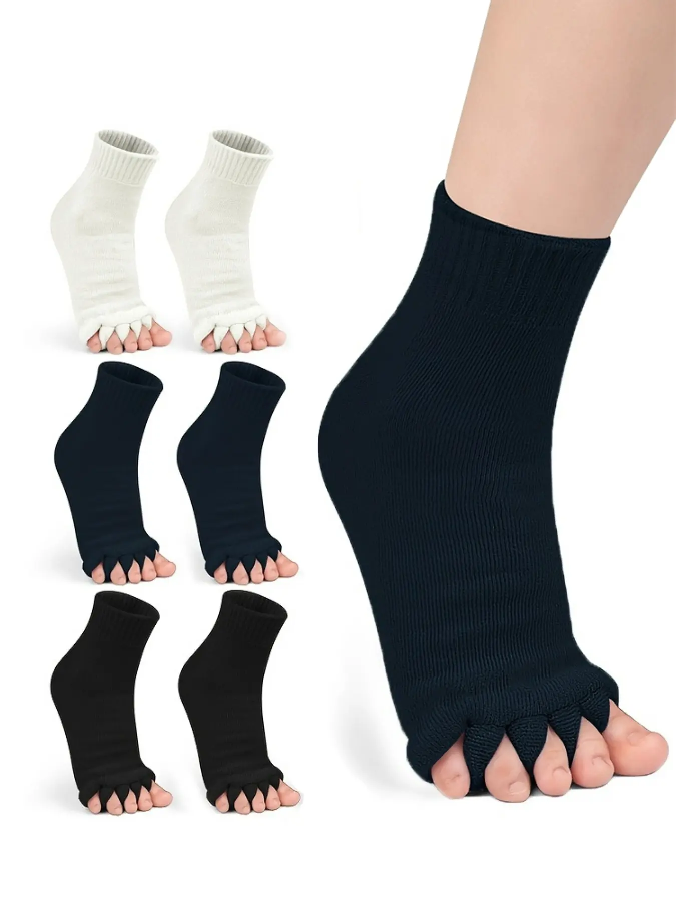 3 Pairs Women's Five-Toe Socks, Open Toe Mid-Calf Yoga Socks, Breathable Non-Slip Short Socks, All Season Use, Slim Fit, Grip Sports Socks