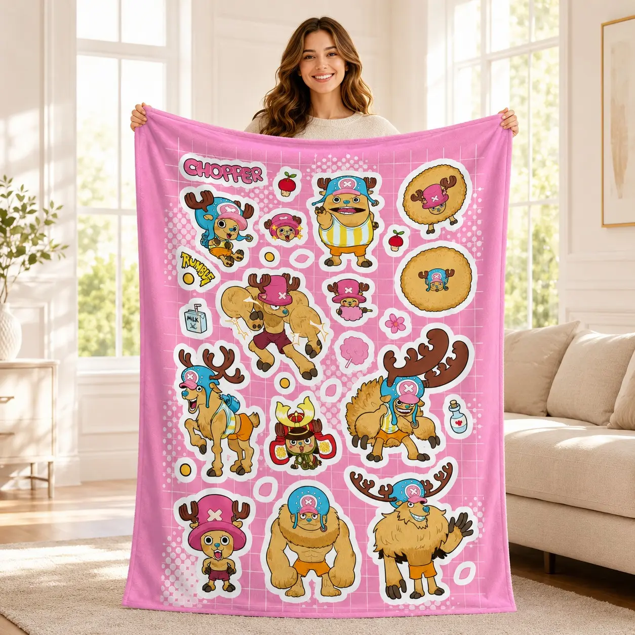 1PC Pink Grid One Piece Chopper Multi-form Sticker Style Anime Flannel Blanket, Soft Skin-Friendly Anti-Pilling Machine Washable Lightweight Warm, Suitable For All Seasons For Home Sofa Rest, Bedroom Naps, Outdoor Picnic, Ideal For Shonen Anime Fans Colle