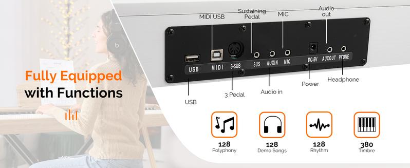 GLARRY Digital Piano Keyboard with Stand, Portable 88 keys Semi-Weighted Electric Piano with Pedal for Beginner, Bluetooth, Triple Pedals, Power Supply, 2 Speakers