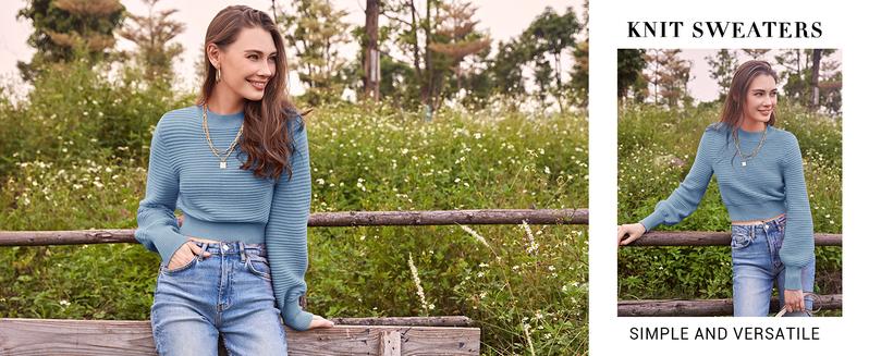 Saodimallsu Womens Sexy Crew Neck Cropped Sweaters Ribbed Knit Long Sleeve Crop Tops Pullover