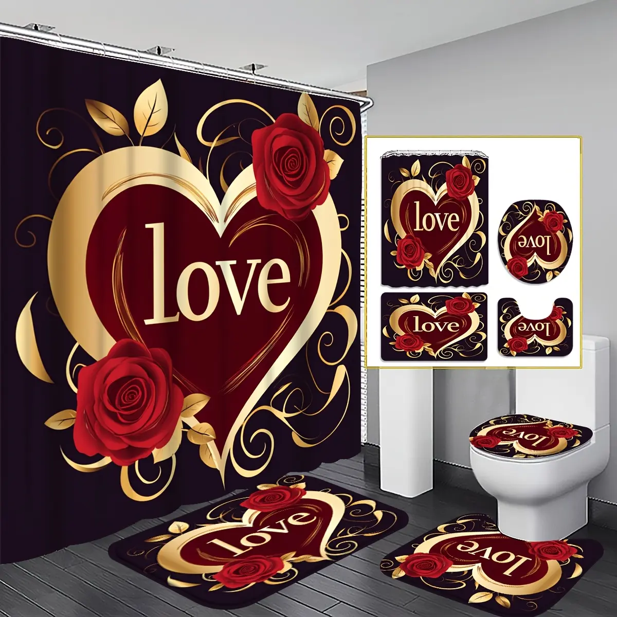 1/3/4PCS Romantic Red Heart & Roses Bathroom Set • Shower Curtain (180x180cm) • Bath Mat • U-Shaped Mat & Toilet Lid Cover • Complete Love-Themed Decor • 12 Hooks for Wedding Bathrooms • Anniversary or Valentine’s Day Gift • Valentines Decoration