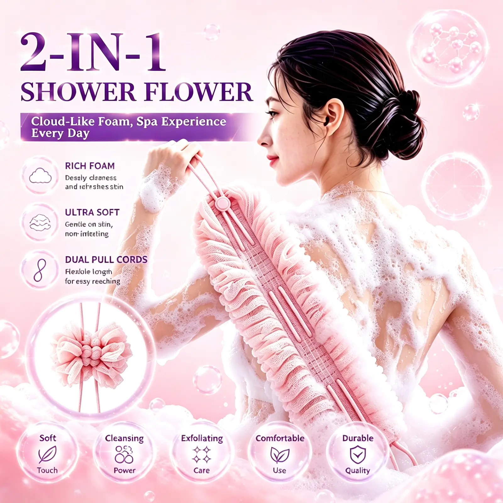 2-in-1 Shower Loofah Body Scrubber, Exfoliating Back Scrubber with Dual Pull Straps, Nylon Mesh Bath Sponge for Full Body Cleansing