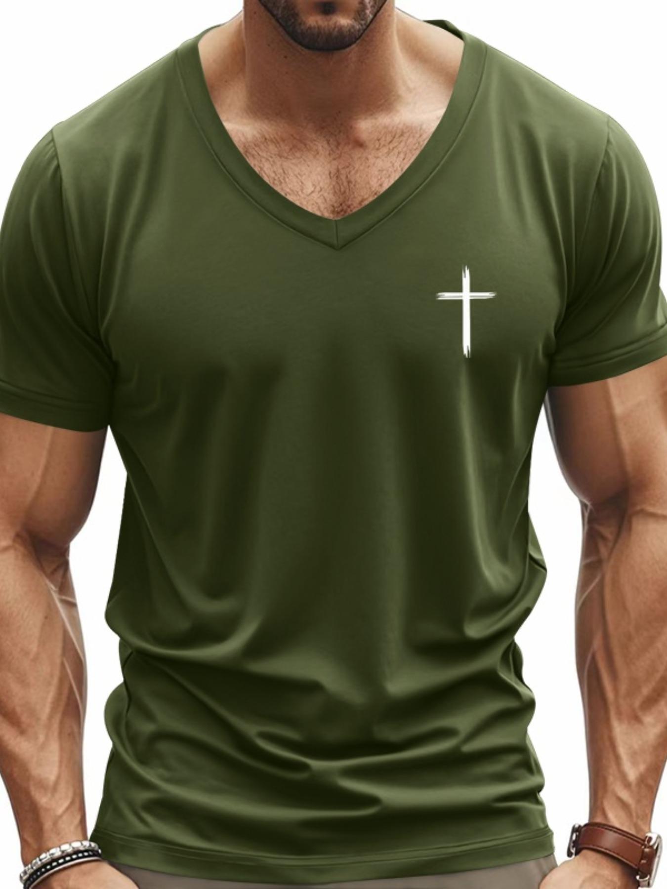 Men's Cross Print V Neck Tee, Regular Fit Casual Short Sleeve T-shirt for Summer, Men's Top for Daily Wear, Gym Tees, Gym Workout Shirt