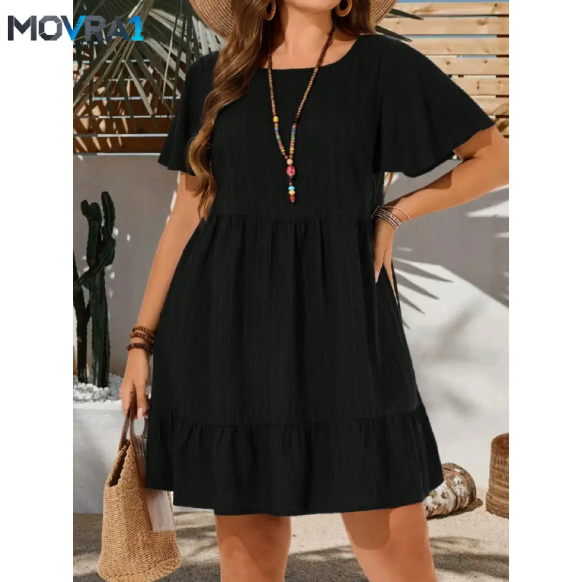 MOVRA1 Women's Elegant Chic Plus Size Short Sleeve Solid Color Casual Dress - Vacation Beach Wear, Machine Washable Casual Dress for Daily Use, Machine Wash