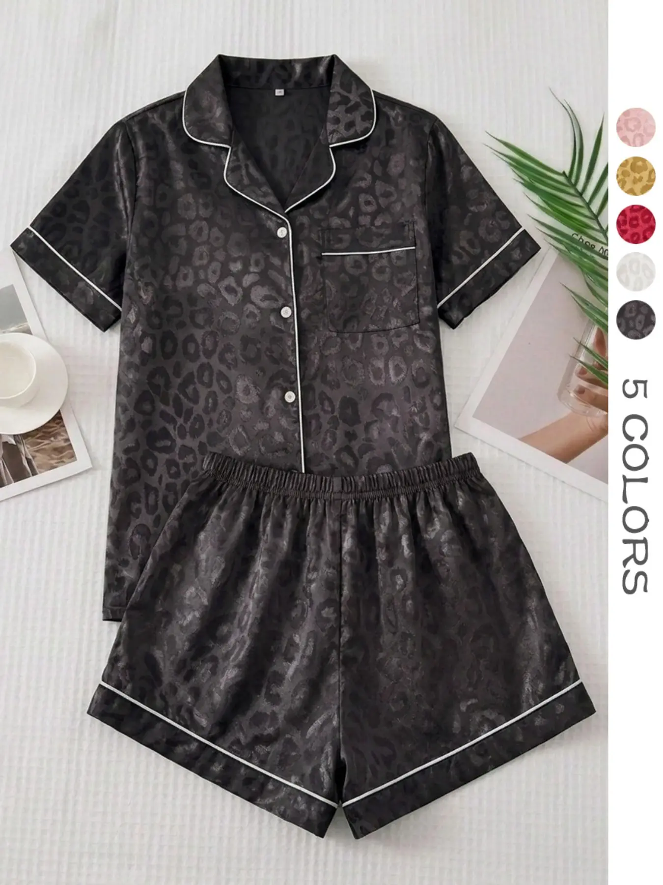 Women's Two-Piece Satin Pajama Set, Leopard Print Collar Short Sleeve Button Shirt with Shorts, Casual Sleepwear for All Seasons