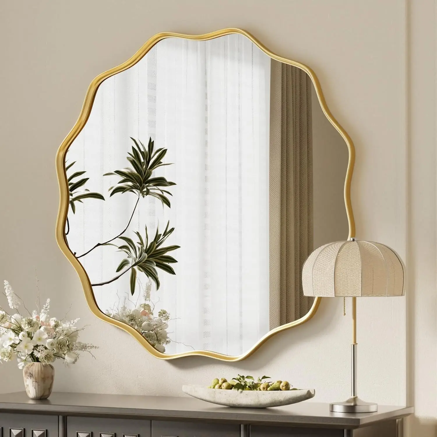 Gold Scalloped Circle Mirror, 30" Wavy Edge Round Wall Mirror Tempered Glass Textured Circular Metal Deep Frame, Hanging Leaning for Bathroom, Hallway, Entryway, Livng Room