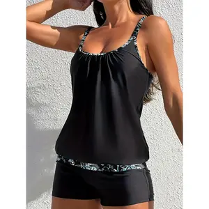 BlushHub Printed Trim Blouson Tankini with Boy Shorts - Black & Teal Two-Piece Bathing Suit with Tummy Control