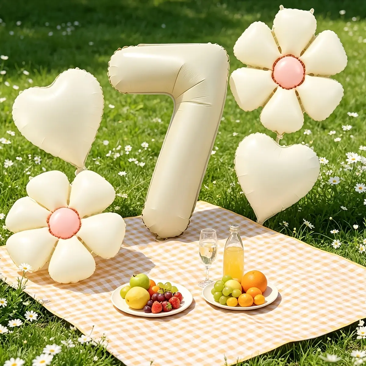 32inch Cream White Number Balloon 7 Digital Balloon with 18inch Daisy Balloons and heart balloons with white ribbon total 6pcs Balloon Decorations Kit for 7th birthday anniversary wedding bridal shower graduation party decorations