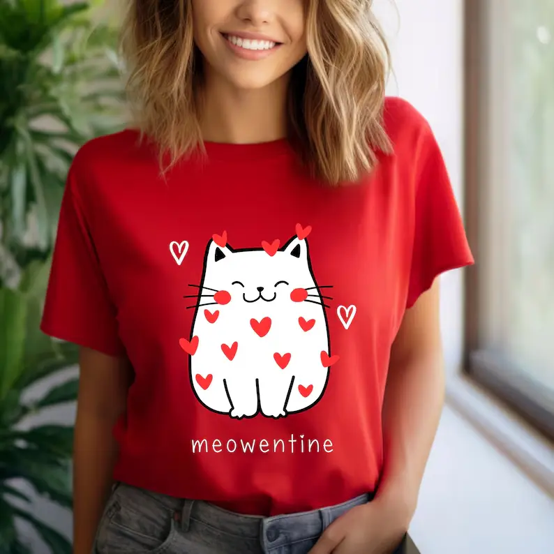 Meowentine Cute Heart Cat Graphic Cotton Short Sleeve T‑Shirt, Oversized Comfort Fashion Outfit, Lovely Valentine Kitten Tee, Valentine Gift, Best Holiday Present For Him Her Family Friends