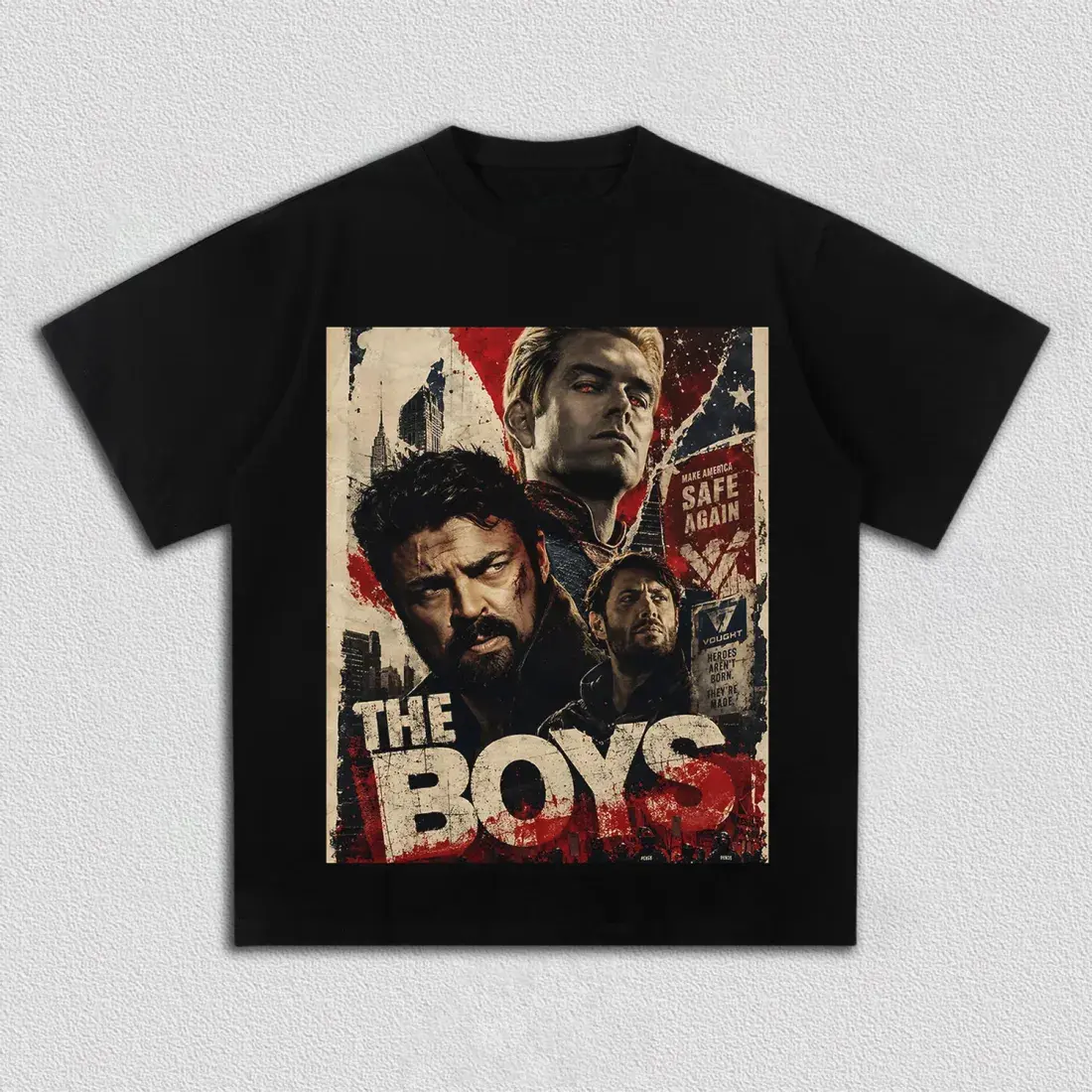 Solid Black Oversized Short Sleeve Tee The Boys Retro Distressed Movie Poster Homelander Billy Butcher Hughie Trio Portrait With Vought Slogan American Flag Grunge Graphic Unisex Anti-Hero TV Series Fan Casual Hip Hop Streetwear T-Shirt