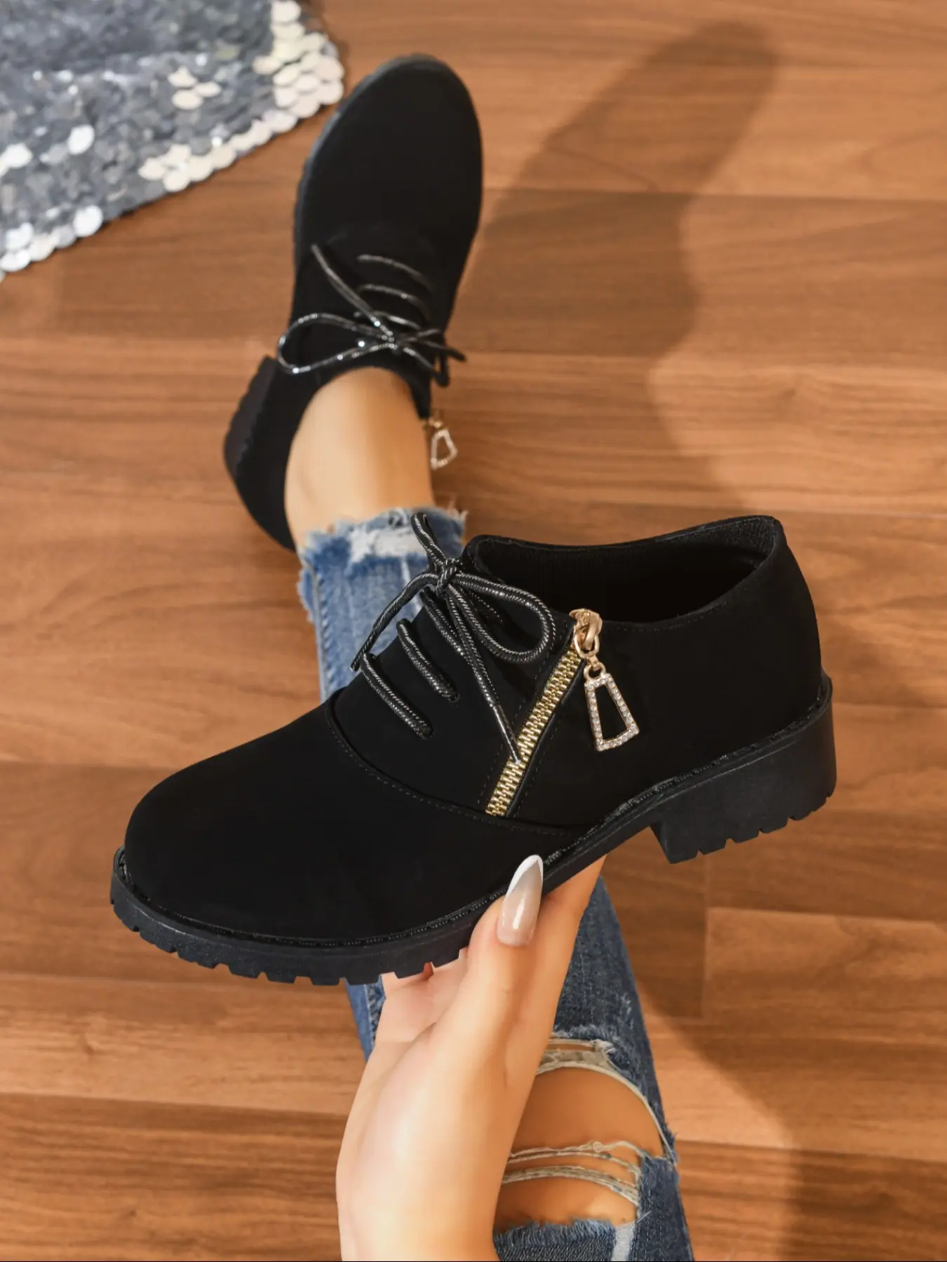 Women's Plain Leather Oxford Shoes, Sparkling Rhinestone Zipper Decoration, Low Heel, Daily Wear, Office Flat Shoes, Blue, Casual Work Shoes