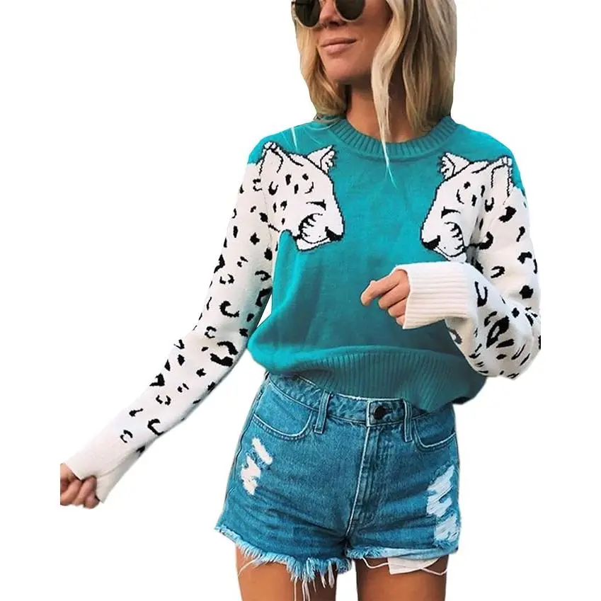 Women's Casual Long Sleeve Crew Neck Cute Animal Leopard Print Knitted Pullover Sweater Tops
