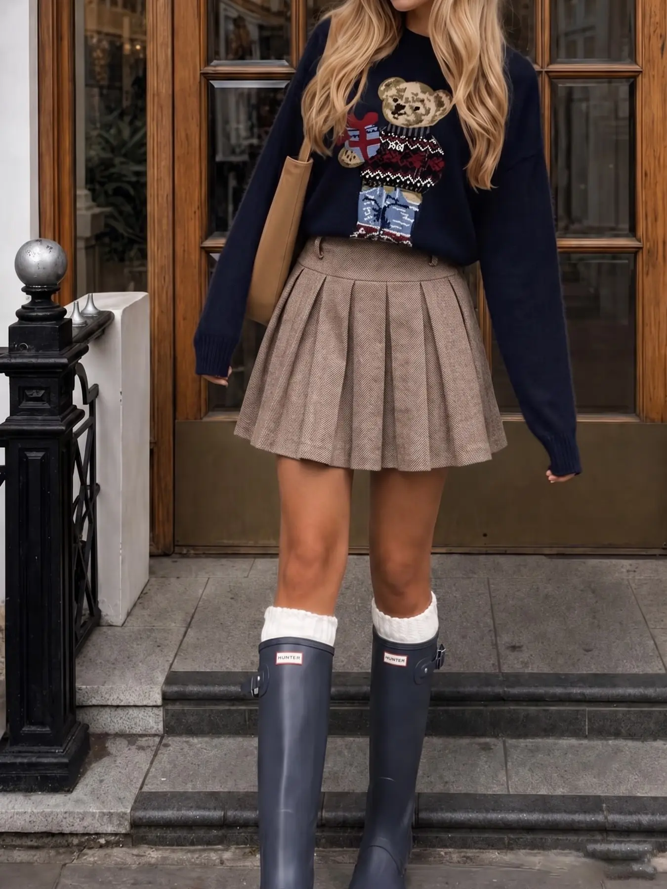 College British Style Wool Skirt, French Antique Herringbone Wool Skirt, High Waist Pleated Winter A-Line Office Short Skirt, Commuter Chic Mini Skirt